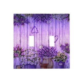 Wood Lavender Flower Pots Double Toggle Light Switch Cover 2 Gang Decora Wall Plate Electrical Switchplate Decorative Faceplate for Home Kitchen Farmhouse Decor