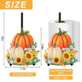 JarThenaAMCS Fall Paper Towel Holder Pumpkin Floral Kitchen Decor Accessories Autumn Thanksgiving Large Metal Towel Holder Stand for Countertop Housewarming Gift Supplies
