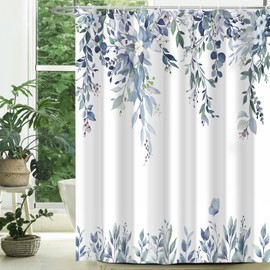 CTOTSYC Eucalyptus Shower Curtain, Blue Watercolor Leaves with Floral Botanical Bathroom Decor, Waterproof Fabric Bath Curtain Set with Hooks, 72x72 Inches