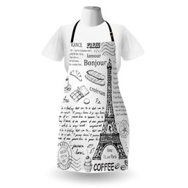 Ambesonne Paris Apron, Traditional Famous Parisian Elements Bonjour Croissan Coffee Eiffel Tower Print, Unisex Kitchen Bib with Adjustable Neck for Cooking Gardening, Adult Size, Black White