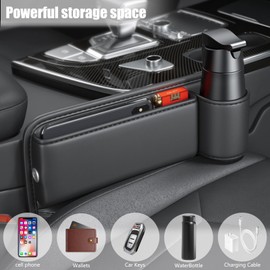 Car Seat Gap Filler Organizer, Right PU Leather Seat Gap Storage Box for Driver, Universal Center Console Side Pocket Cup Holder Expander for Drink,Phone,Sunglasses,Card,Purse