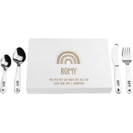 LAUBLUST Children's Cutlery with Engraving – Individually Engraved Wooden Gift Box – White | Stainless Steel Cutlery Set 4 Pieces – Gift with Name – Memory of Children's Time | Series: Rainbow with hearts