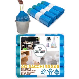 60 Bags 55 x 65 cm Blue Talc Scented 40 Litre Odour Resistant Bin Liners with Pull & Close Handles, Waste Separation Bin Liners, High Density Polyethylene Bin Liners