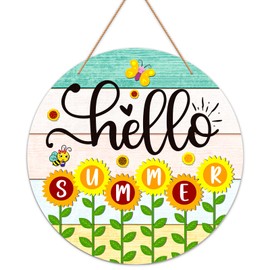 BIZIBAFF Hello Summer Door Sign - 11.5" Farmhouse Sunflower Hanging Sign for Front Door Summer Door Wreath Welcome Decorations Sign for Home Porch Indoor Outdoor