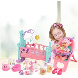 deAO 12” Baby Doll Play Set with Crib, Mobile, High Chair Feeding Accessories, Interactive Dolls for Girls Kids Pretend Play Baby Dolls 21 PCS