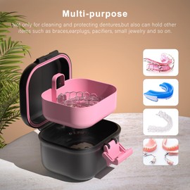BVN Leak-Proof Denture Case, Denture Cup for Soaking Dentures, Retainer Cleaning Case (Black+Pink).