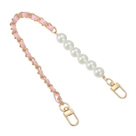sourcing map Leather Wristlet Strap, 350mm/14-inch Imitation Pearl Short Handle Hand Wrist Purse Chain Strap Replacement for Mobile Case Clutch Wallet Keychain Bags DIY (Pink, Gold)
