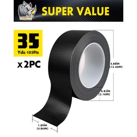 GRAY RHINO Duct Tape Heavy Duty Waterproof 1.88in 105ft/35yd Tearable with No Residue Strong Adhesive Duct Tape for Packaging Tape Indoor&Outdoor Repair Blackout Tape (2, Black)