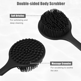 VOCOSTE Silicone Body Scrubber, Long Handle Shower Brush, Double-Sided Exfoliating & Massage, Soft Bristles for Sensitive Skin, Black
