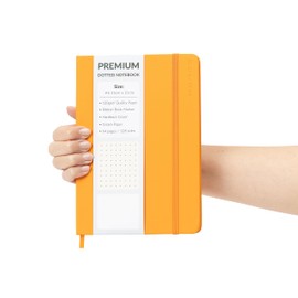 Bullet Journal A5 Dotted Notebook with Faux Leather Hardback Cover and Premium 120gsm Thick Dot Grid Paper (128 Cream Pages, Orange)