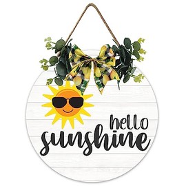 Hello Sunshine Wooden Hanging Sign Summer Welcome Sign Front Door Decor with Lemon Bowknot Rustic Farmhouse Wood Sign Door Hanger for Spring Summer Holiday Home Office Shop Window Wedding Decor 12x12