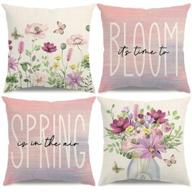KISVODS Spring Pillow Covers 18x18 Pink Purple Spring Summer Farmhouse Decorations Floral Mason Jar Throw Pillow Covers Spring Saying Flowers Butterfly Cushion Case for Sofa Couch Set of 4