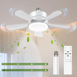 Hisoo Socket Fan Light with Remote Control, Dimmable LED Ceiling Fan with Lights, 3 Colors 1700 Lumens Light Bulb Screw in Ceiling Fan for Kitchen, Garage etc, Light Bulb Extender Included