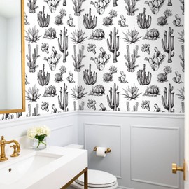 17.5x591" Modern Western Peel and Stick Wallpaper Black and White Wall Paper for Bathroom Waterproof Cactus Floral Desert Southwest Prepasted Self Adhesive Western Contact Paper Removable