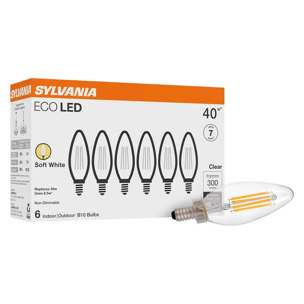 SYLVANIA ECO LED B10 Light Bulb, 40W=2.5W, 7 Year, 300 Lumens, Non-Dimmable, Clear, 2700K, Soft White - 6 Pack (40878)