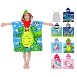 growell Hooded Kids Beach Towels - Toddler Bath Towel Girls Boys Swim Cover-ups for Ages 4 to 10 Kids Pool Towels Quick Dry Lightweight Soft Microfiber Poncho 30x30 with Bag (Green Alligator)
