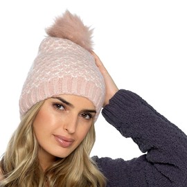 Thingimijigs Ladies Knitted Beanie Hat with Fluffy Faux Fur Pompom - Pink