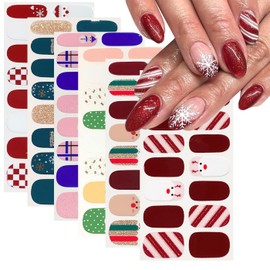 BSBTBZ 6Sheets Christmas Full Wraps Nail Polish Stickers with Cute Snowflake and Deer Santa Claus Designs Red Gel Nail Polish Nail Strips Winter Xmas Stickers Glitter Manicure Kits for Women Girls