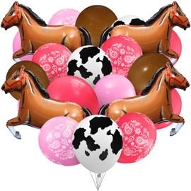 Hungdao 52 Pcs Western Party Horse Balloons Cowboy Decorations Bandana Balloons Cowgirl Foil Latex Balloons for Baby Shower Birthday Arch Decorations(Pink Series)