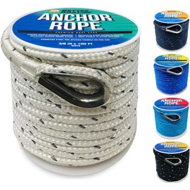 Premium Boat Anchor Rope, 100 Ft Double Braided White Nylon Marine Line, 3/8 Inch Reel for Anchors and Boats
