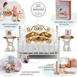 LUNDBY Dolls House Furniture Bedroom Accessories – 10-pieces Doll House Furniture, Doll Bed, for 11cm Dolls, Ages 4+, Scale 1:18