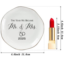 The Year We Became Mr & Mrs 2025 Ring Dish - Elegant Ceramic Ring Holder for Engagement, Wedding, and Bridal Shower Gifts - Honeymoon Keepsake for Friends, Newlyweds, and Bride-to-Be
