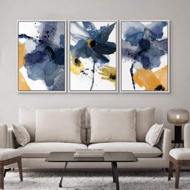 SIGNWIN Framed Canvas Wall Art Blue and Orange Blossoms Botanical Flower Watercolor Modern Art Tropical Relax/Calm for Living Room, Bedroom, Office - 16"x24"x3 White