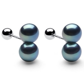 YAMI Black Pearl Earrings for Women, Saltwater Cultured Pearl in 925 Sterling Silver, Double Gem Stud Earrings, Comfy Hypoallergenic Jewelry for Women