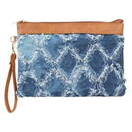 Hyuyikuwol Women Denim Wristlet Clutch Purses Wallet Envelope Handbag PU Leather Quilted Distressed Zipper Satchel