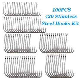Saltwater Fishing Hooks Stainless Steel O'Shaughnessy Forged Fishing Hook Set Long Shank Hooks Extra Strong 100pcs Fishing Hooks Assortment Set for Saltwater Freshwater