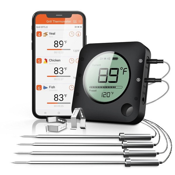BFOUR Bluetooth Meat Thermometer for Grilling, Wireless BBQ Thermometer with 4 Probes, Wireless Digital Thermometer for BBQ, Smoker, Grill, Oven, Cooking and Kitchen, Timer, Alarm
