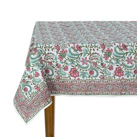 Ridhi Floral Hand Block Print Cotton Table Cover Boho Washable 70X118 Inch Tulip Pink Rectangle Tablecloth for Dining Table Birthday Party Kitchen Wedding Event Christmas Thanksgiving Farmhouse