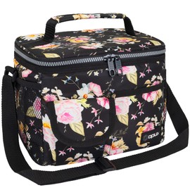 opux Insulated Lunch Bag for Men Women, Leakproof Floral Black Lunch Box for Work, Portable Soft Lunch Cooler Bag with Shoulder Strap, Adult Lunchbox Lunch Pail for Kid Boy Girl School, 14 Can/8L