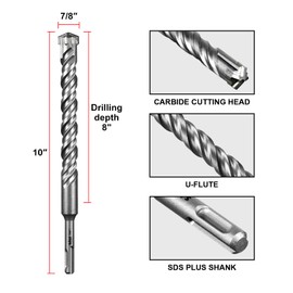 SALI 3PCS 7/8"*10" SDS Plus Rotary Hammer Drill Bit Concrete Drill Bit Kit Cross-Type Double Thread Carbide Material Suitable for Brick, Cement Walls, Stone, Hammer Drill Bits