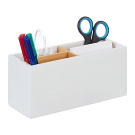 Relaxdays Bamboo Desk Organiser, 4 Compartments, for Office Supplies & Cosmetics, Pen Holder, HBD: 8 x 21 x 9 cm, White