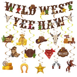 Cowboy Party Decorations, Cowboy Theme Party Decorations Include Western Cowboy Happy Birthday Banners and Hanging Swirls, Yee Haw Ceiling Streamers for Boys Birthday Western Baby Shower Party Decor