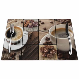 Walmsco Placemats Coffee Coffee Beans Checkered Collage Decor For Dining Room Kitchen Table,Waterproof Non-Slip Washable Heat Resistant Placemats,Set of 4,12"x18"