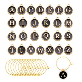 Pozbee 26 Pcs Alphabet Wine Charms for Stem Glass, Gold Metal Circle with Black Letters (A-Z), Wine Cocktail Glass Stem Identifier Tags for Weddings, Parties, Letter Enamel Charms (Black 26 Pcs)