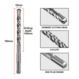 SALI SDS Plus Drill Bit Set 10 x 160 mm 10-Piece Hammer Drill Bit Set Concrete Drill Bit with 4 Carbide Tips and Precise Quick Drilling in Concrete Accessories Hammer Drill for Reinforced Concrete,
