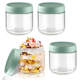 DynnnDy 300ml/10oz Overnight Oats Container with Green Screw Lids 4Pcs Wide Mouth Glass Food Jars Airtight Yogurt Bottle for Salad Dressing Fruits Jam Candy Cookies Snacks