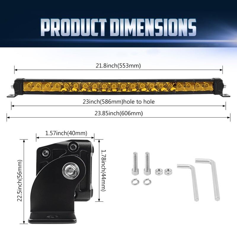 22" Yellow Led Light Bar, Single Row Flood Spot Combo
