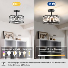 Crystal Ceiling Light Fixture, Modern Semi Flush Mount Ceiling Light, Round Hallway Lighting Fixtures Chandelier for Kitchen Entryway Bedroom Dining Room, 3-Light, 12 Inch