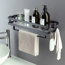 Spice Rack Organizer Wall Mounted with Paper Towel Holder, Bathroom Shelves Storage Shelves, Sturdy Hanging Organizer with 4 Detachable Hooks for Kitchen and Bathroom (black)