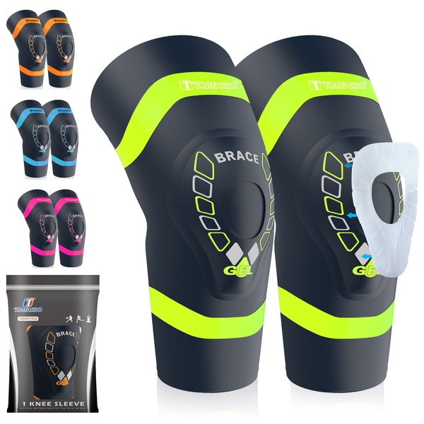 TIMTAKBO 2 Pack Knee Braces for Knee Pain,Knee Compression Sleeves Men,Women Gel Patella Knee Support for Meniscus Tear,ACL,Arthritis,Runing,Working Out,Sports Injury Joint Pain Relief,1 Pair,Green/M Fit upper15.75~17.25"/Lower13.5~14.75")