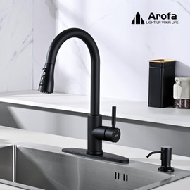 Arofa Kitchen Faucet with Soap Dispenser, Stainless Steel Kitchen Sink Faucet with Pull Down Sprayer 3 Mode Single Handle Gooseneck Pull Out Kitchen Faucet for 2/4 Hole, Matte Black