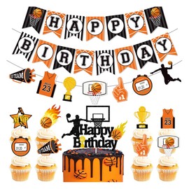 Daimay Basketball Birthday Party Decoration Basketball HAPPY BIRTHDAY Banner Sports Party Decor Favor Supplies Basketball Cupcake Toppers for Boys Girls Kids Teenagers Men - NB2