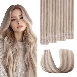 Sweetmet Injection Tape in Hair Extensions Real Human Hair 3rd-Generation #18p613 Ash Blonde with Bleach Blonde 20pcs 35g 16inch Hand-Tied Invisi Edge Invisible Tape ins Extensions（#18p613-16inch）