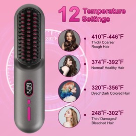 Zorpupoa Cordless Hair Straightener Brush, Mini Portable Rechargeable Straightening Brush, Negative Ionic Hot Comb Straightener with 12 Temp Settings, Auto-Off, Led Display for Women (Grey)