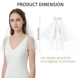 Bride Veil, Short White 22.4 Inch Bachelorette Veil with Bow & Pearls - Elegant Tulle Comb Hold, Bridal Bridesmaid Gift for Women and Girls