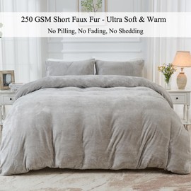 HCORA Plush Shaggy Duvet Cover King Size, Luxury Soft Fluffy Faux Fur Duvet Cover Set with 2 Pillowcases, Ultra Cozy Warm Fuzzy Velvet Duvet Cover, Zipper Closure (Light Grey)